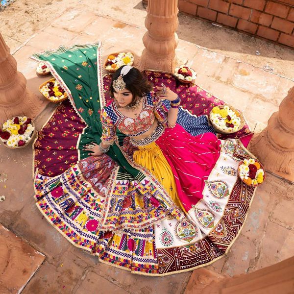 Vibrant Mirror Work Muslin Lehenga Choli Set Online