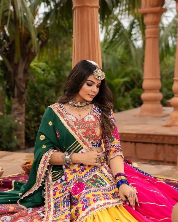Vibrant Mirror Work Muslin Lehenga Choli Set Online