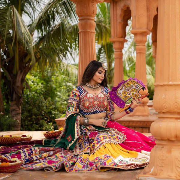 Vibrant Mirror Work Muslin Lehenga Choli Set Online