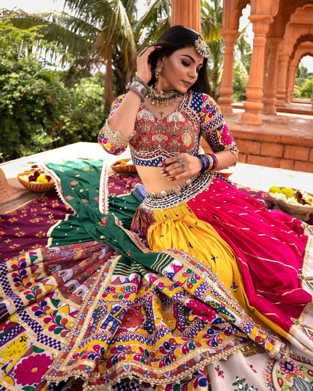Vibrant Mirror Work Muslin Lehenga Choli Set Online