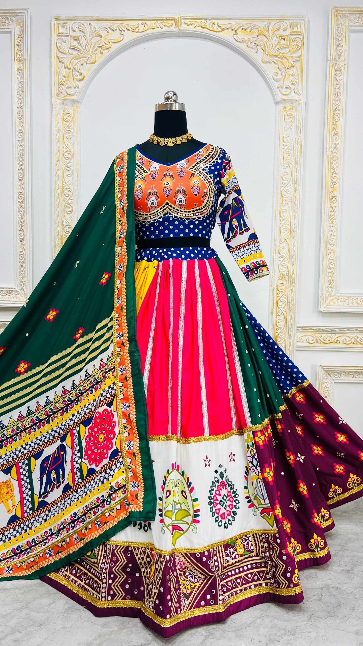 Vibrant Mirror Work Muslin Lehenga Choli Set Online