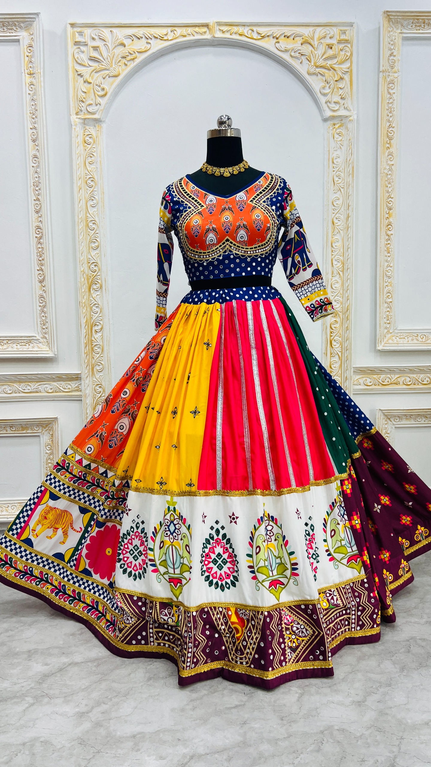 Vibrant Mirror Work Muslin Lehenga Choli Set Online