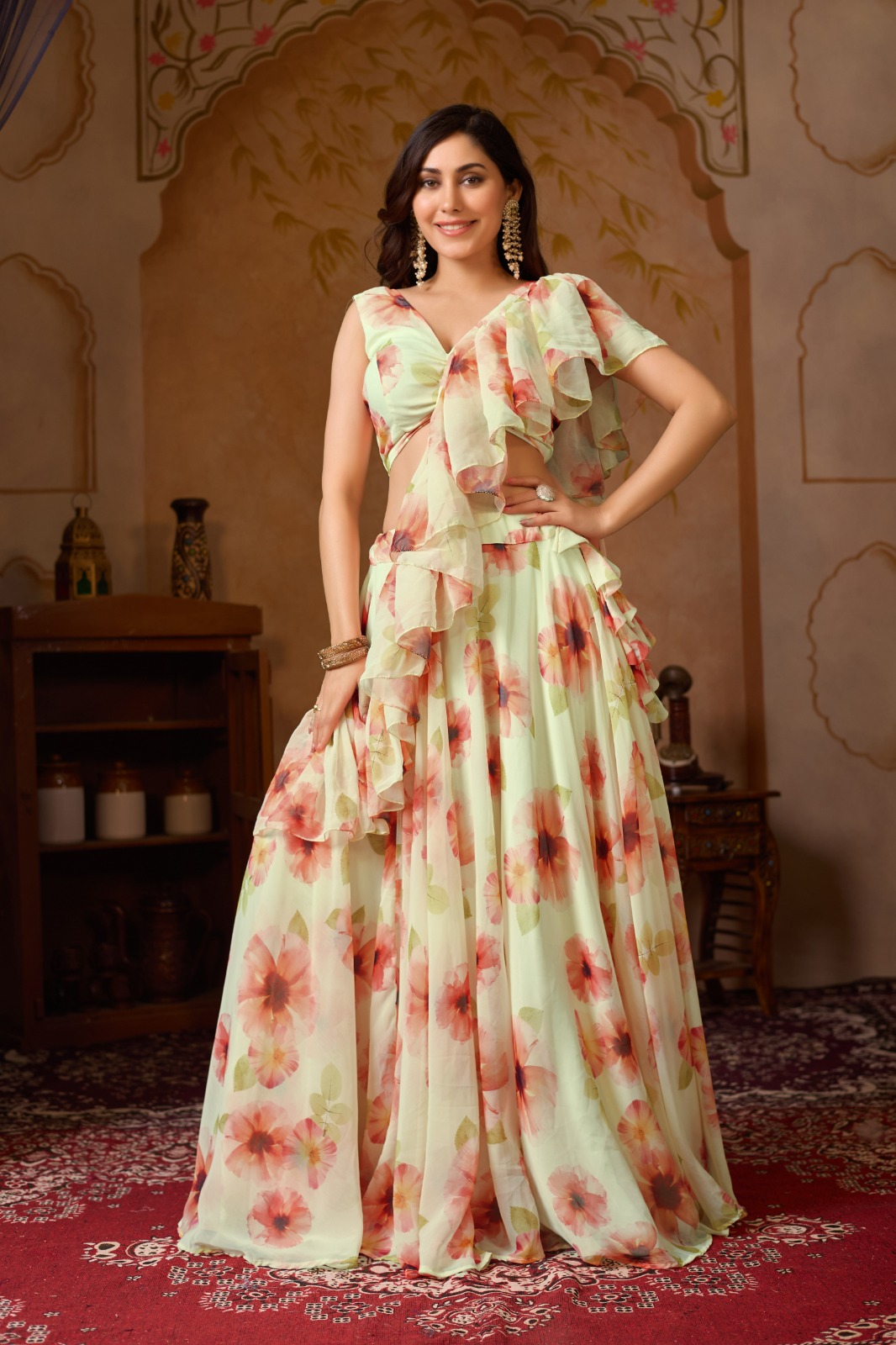 Pastel Floral Georgette Lehenga Set with Ruffle Blouse