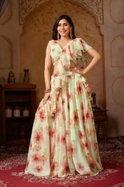 Pastel Floral Georgette Lehenga Set with Ruffle Blouse - Cream