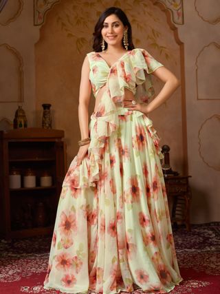 Pastel Floral Georgette Lehenga Set with Ruffle Blouse