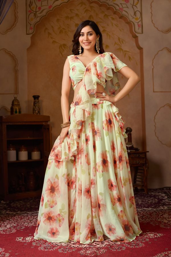 Pastel Floral Georgette Lehenga Set with Ruffle Blouse