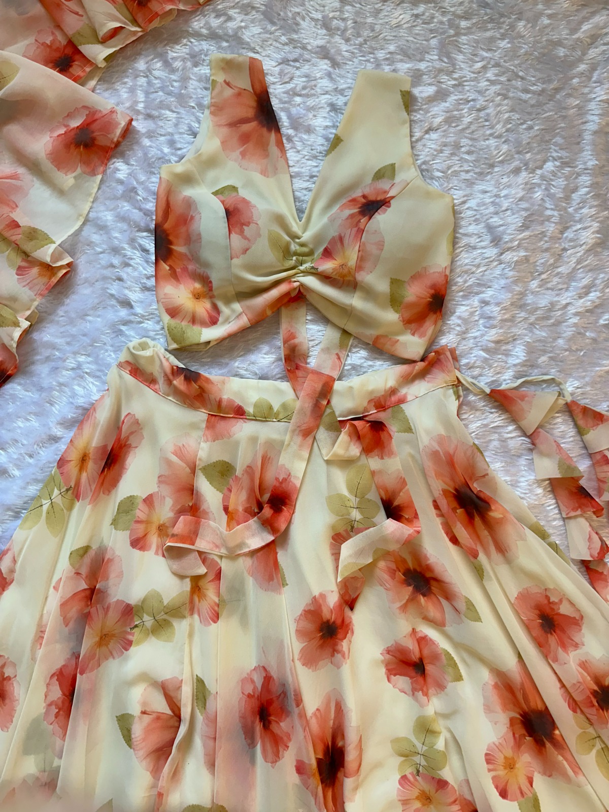 Pastel Floral Georgette Lehenga Set with Ruffle Blouse