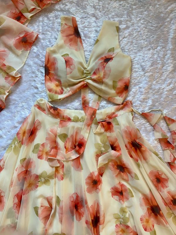 Pastel Floral Georgette Lehenga Set with Ruffle Blouse