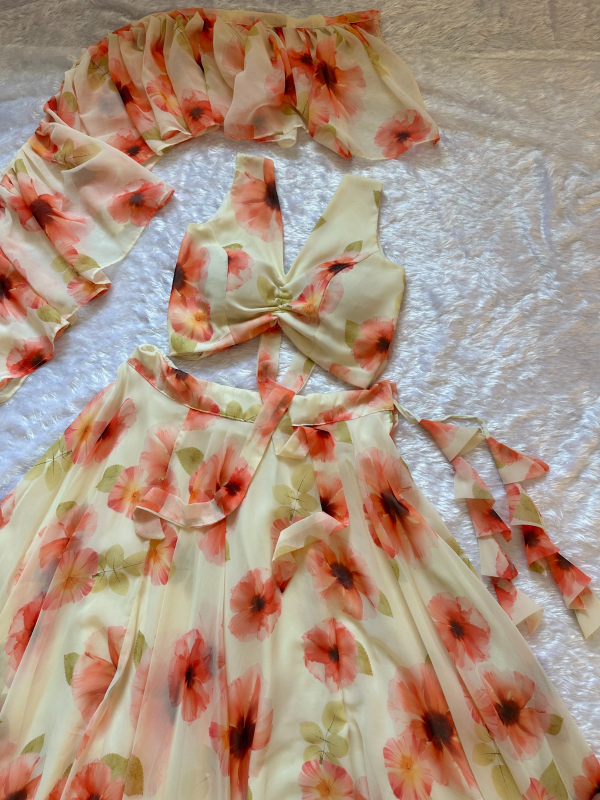 Pastel Floral Georgette Lehenga Set with Ruffle Blouse