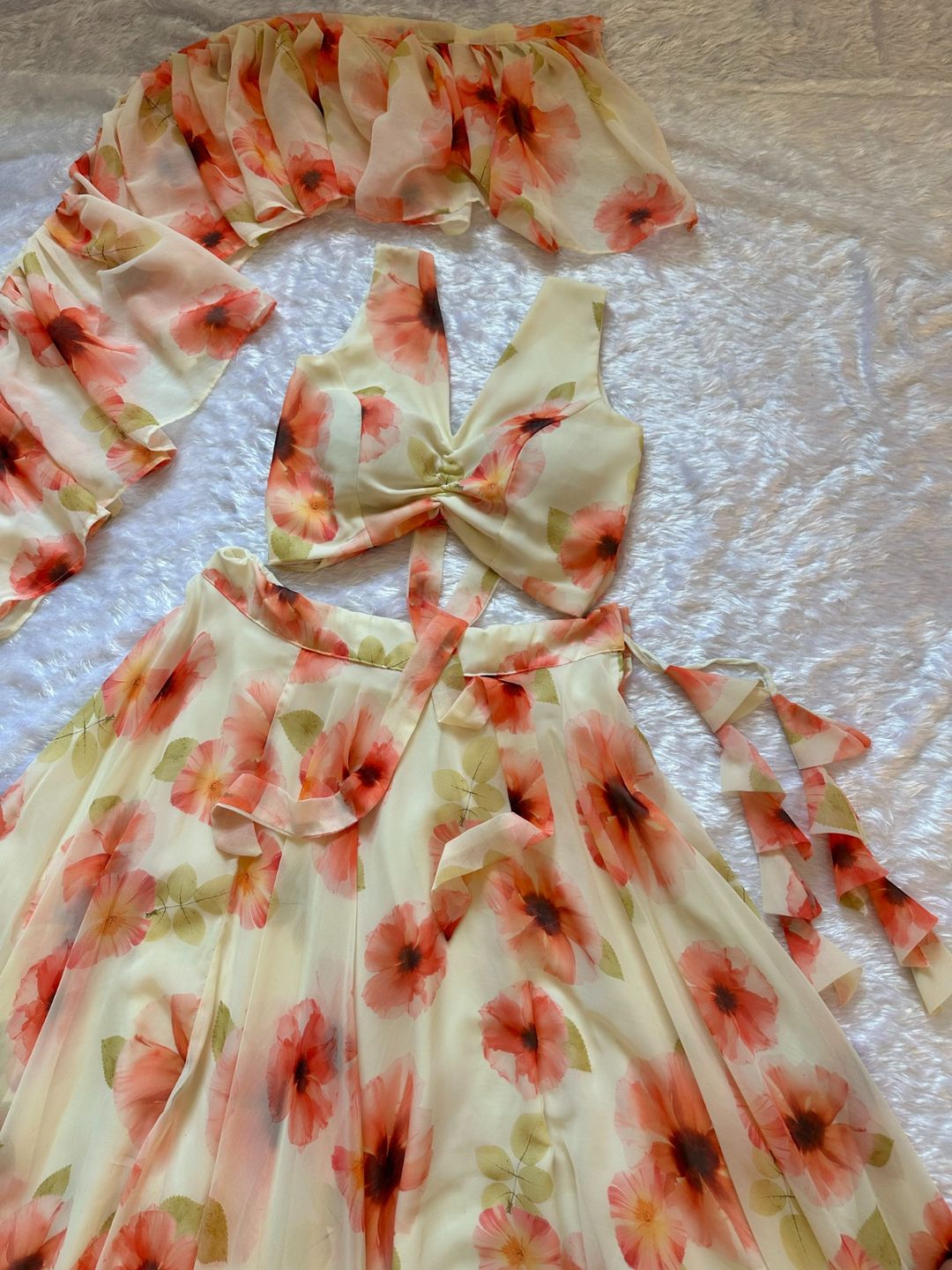 Pastel Floral Georgette Lehenga Set with Ruffle Blouse