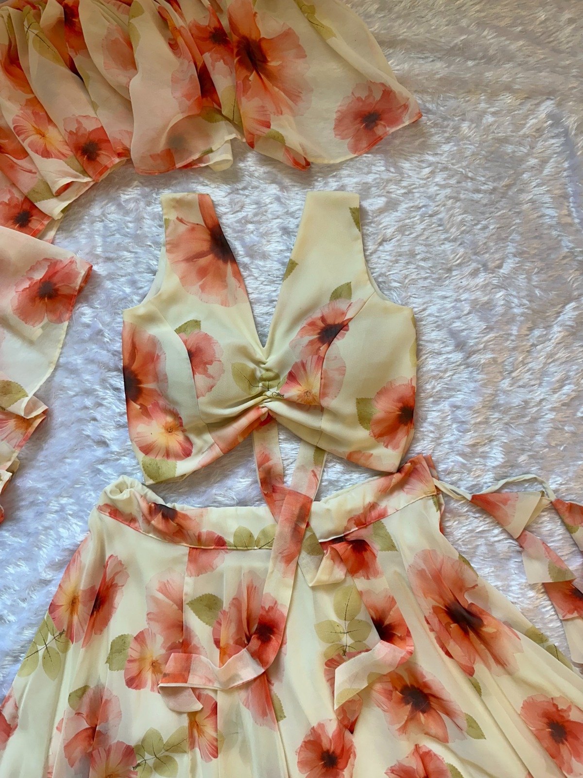 Pastel Floral Georgette Lehenga Set with Ruffle Blouse