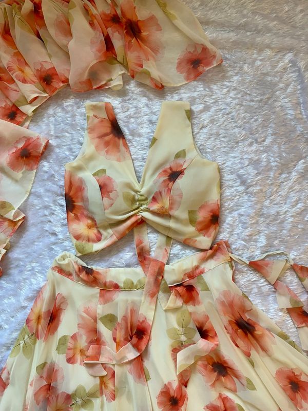 Pastel Floral Georgette Lehenga Set with Ruffle Blouse