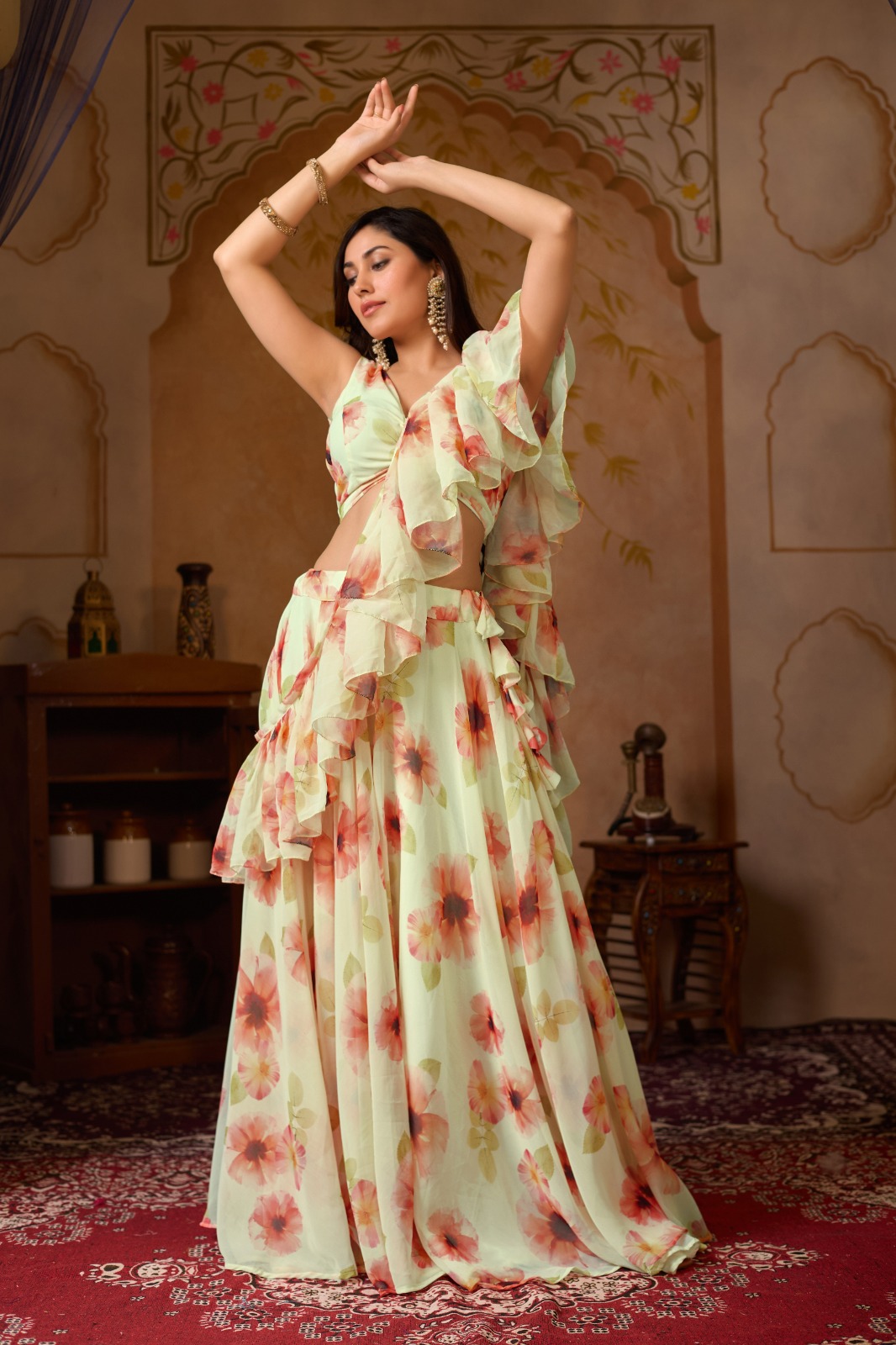 Pastel Floral Georgette Lehenga Set with Ruffle Blouse