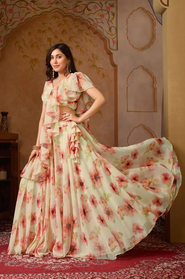 Pastel Floral Georgette Lehenga Set with Ruffle Blouse