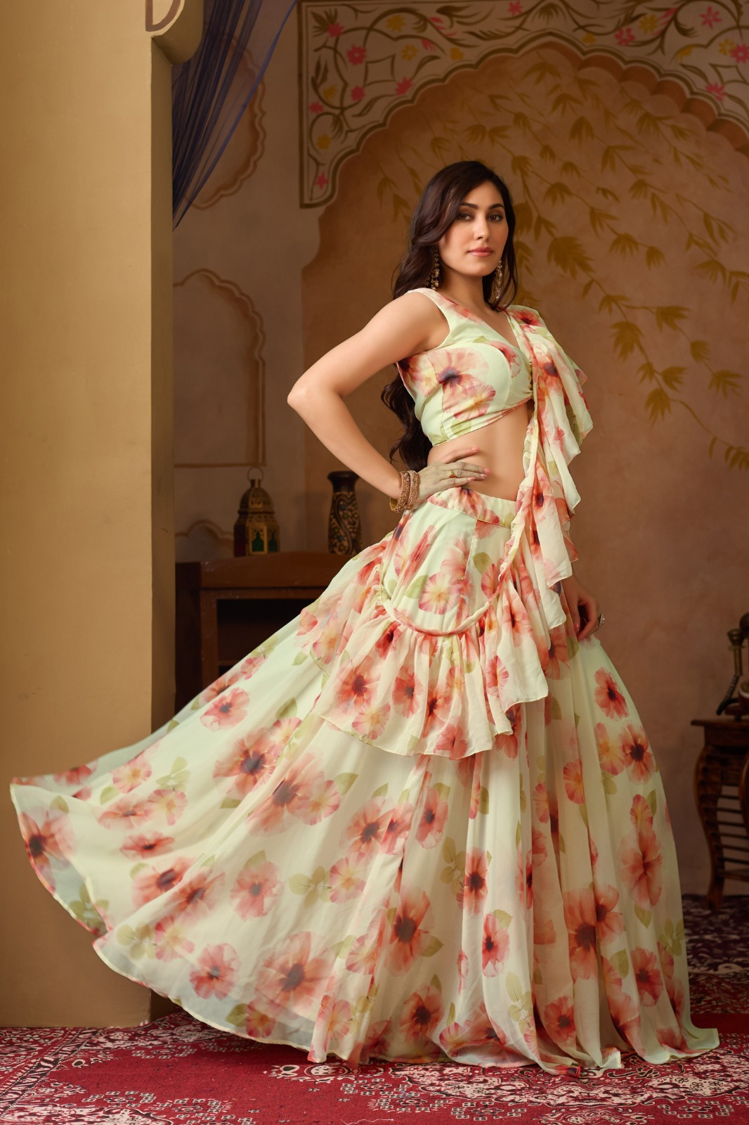 Pastel Floral Georgette Lehenga Set with Ruffle Blouse