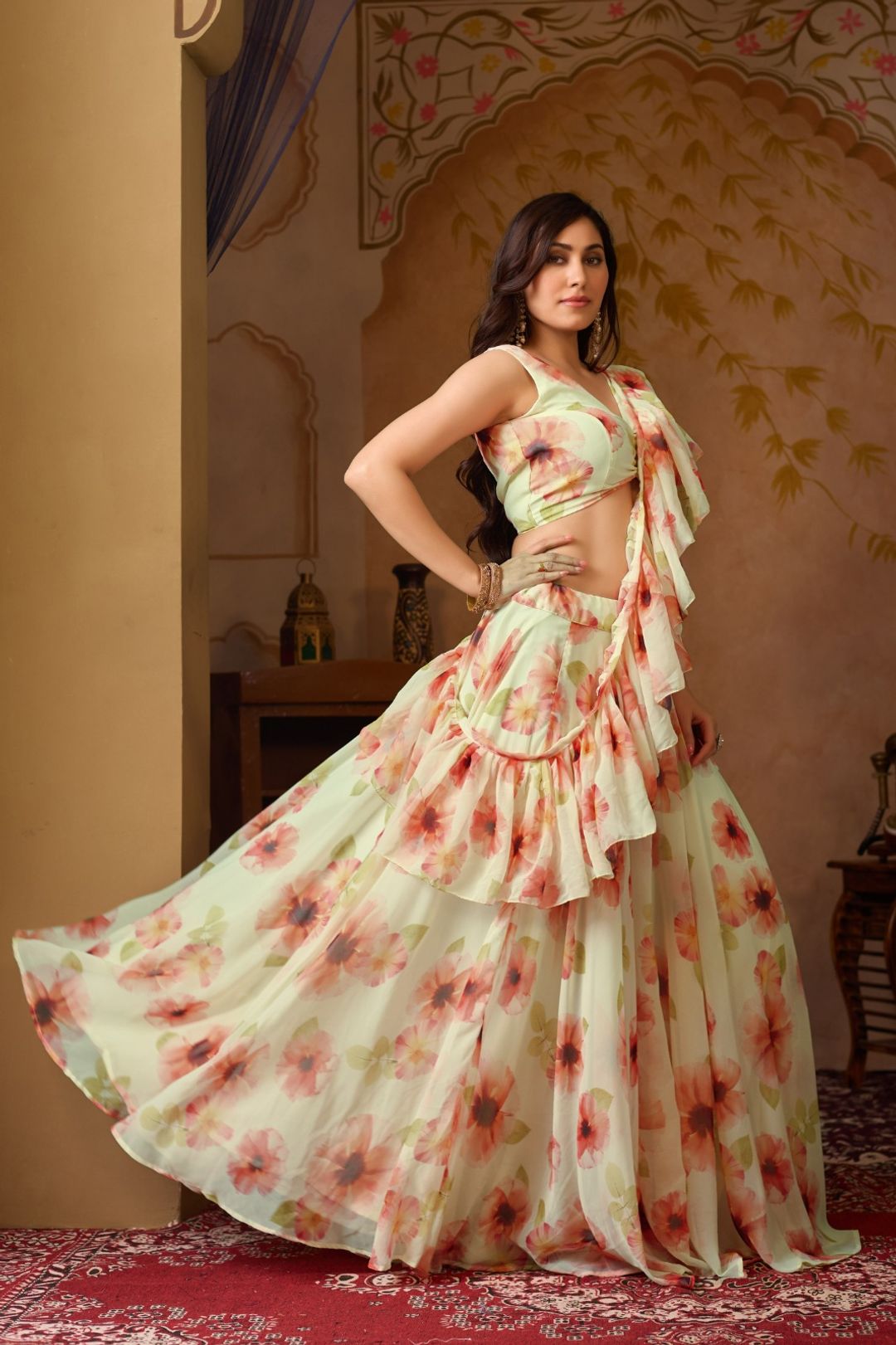Pastel Floral Georgette Lehenga Set with Ruffle Blouse