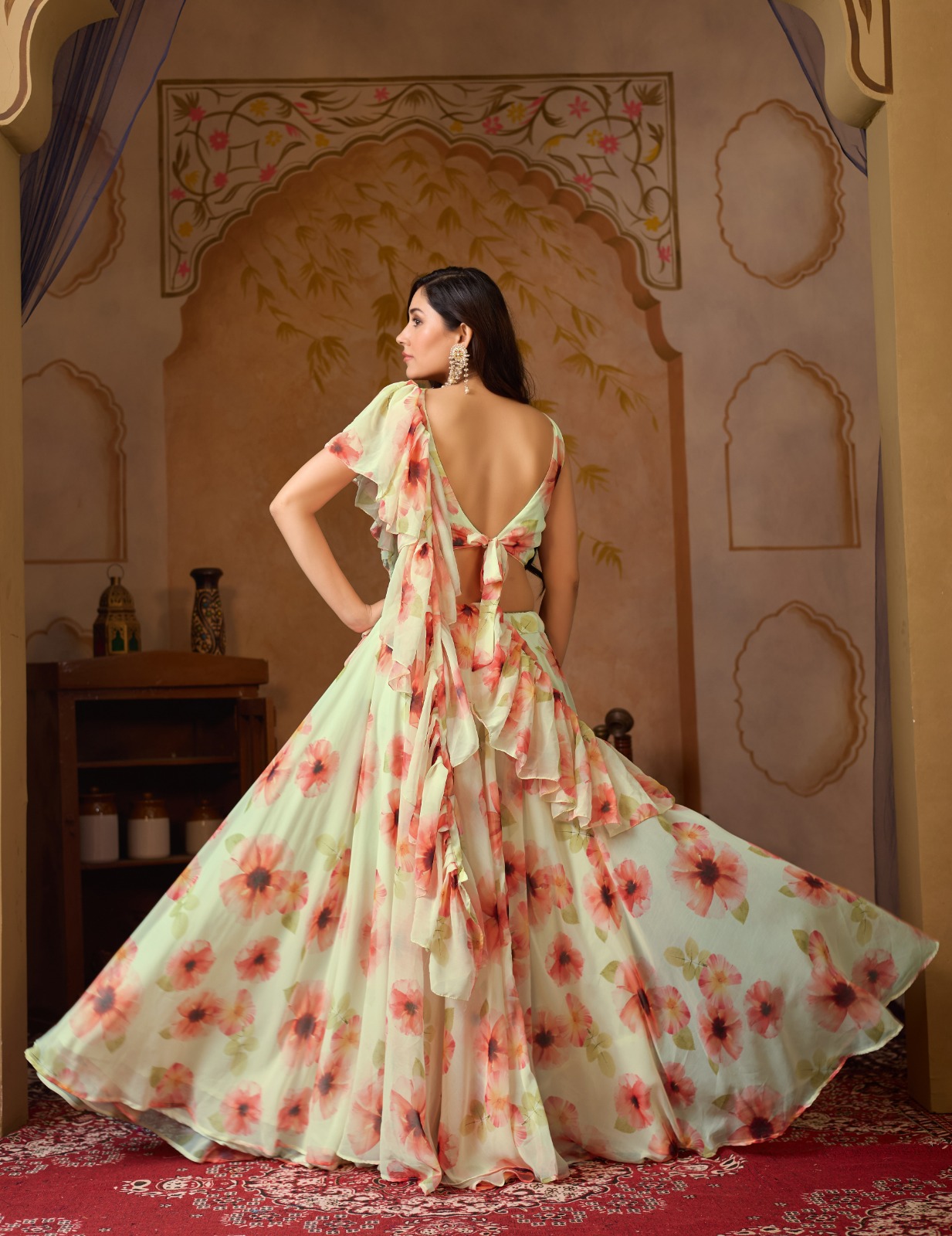 Pastel Floral Georgette Lehenga Set with Ruffle Blouse