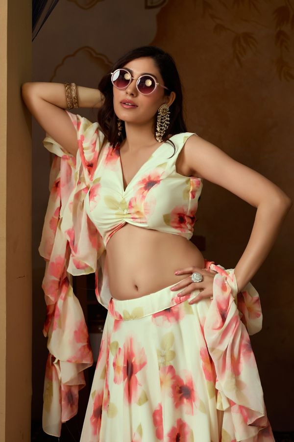 Pastel Floral Georgette Lehenga Set with Ruffle Blouse