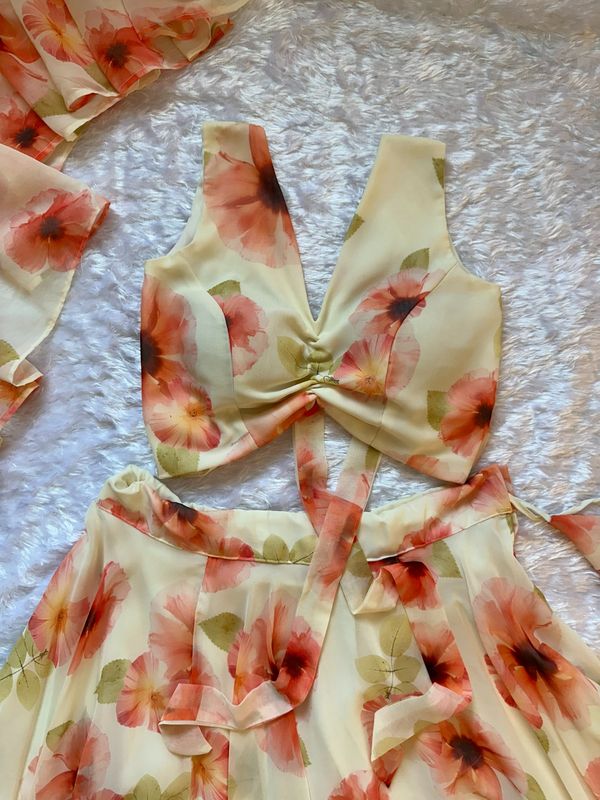 Pastel Floral Georgette Lehenga Set with Ruffle Blouse