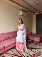 Coral Bloom White Georgette Lehenga Set - White