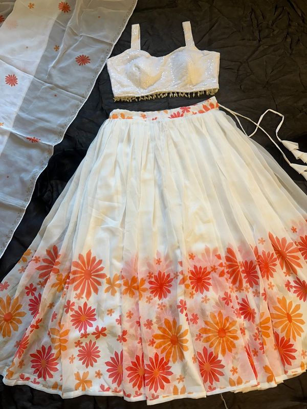 Coral Bloom White Georgette Lehenga Set