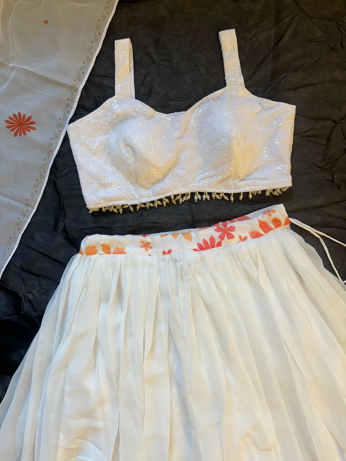 Coral Bloom White Georgette Lehenga Set