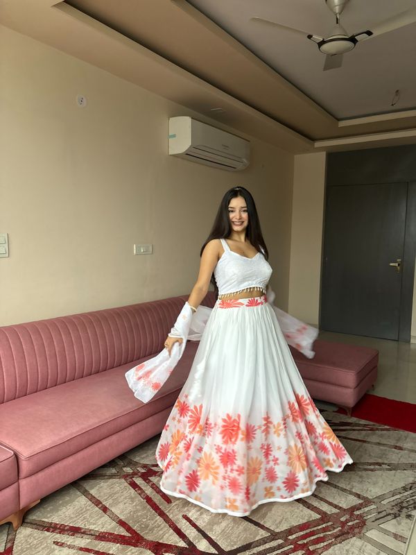 Coral Bloom White Georgette Lehenga Set