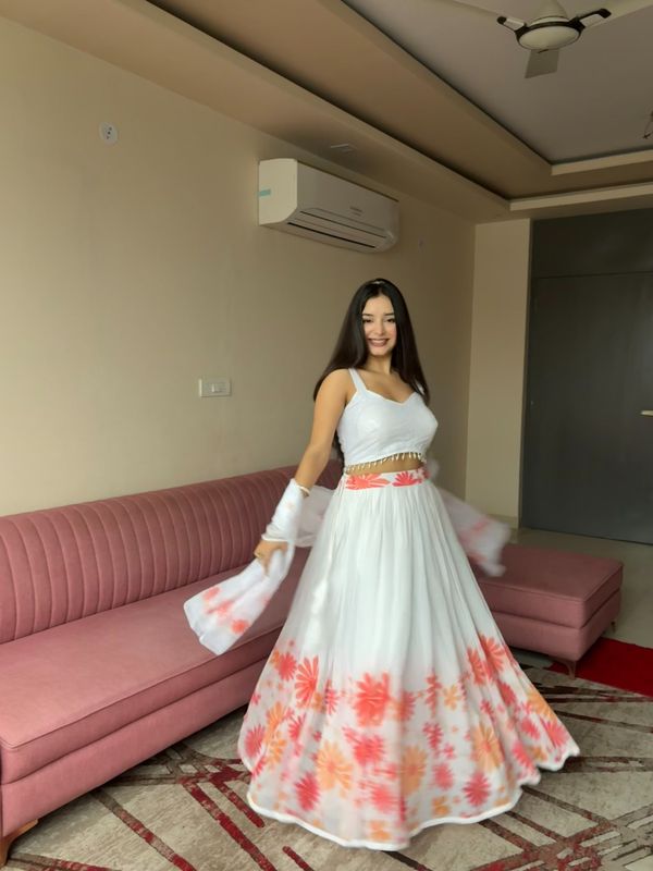 Coral Bloom White Georgette Lehenga Set