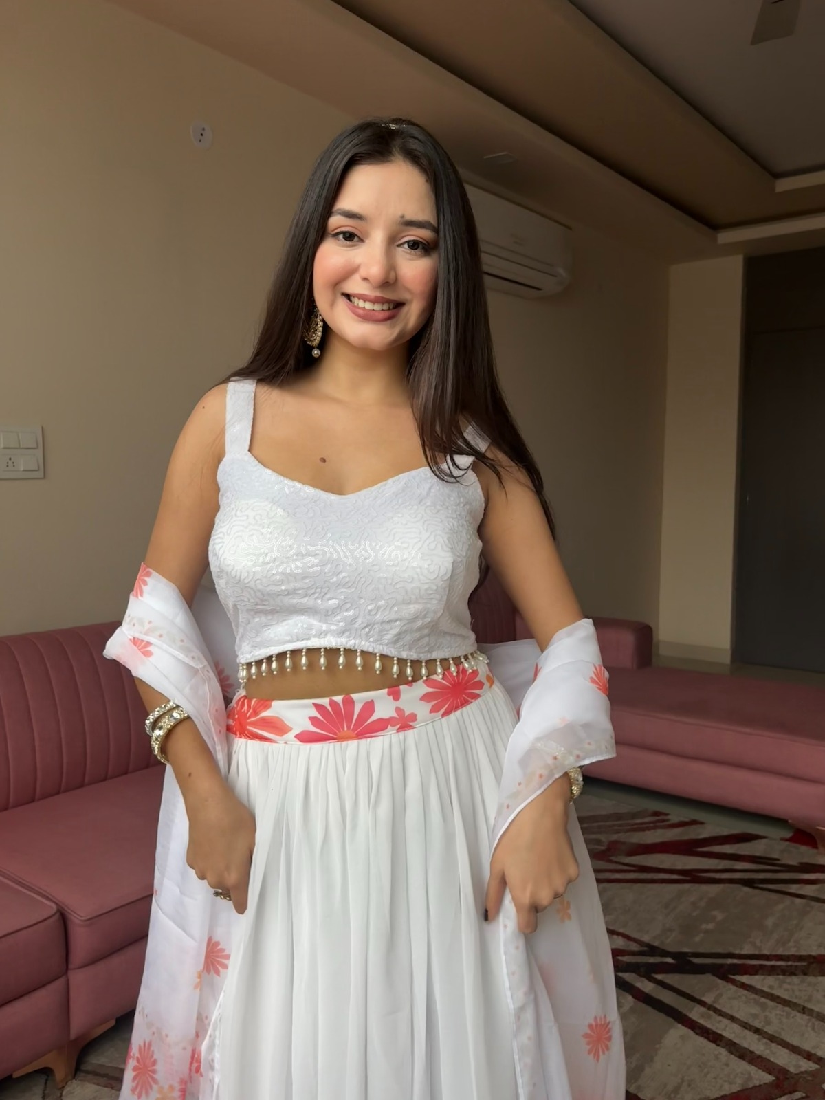 Coral Bloom White Georgette Lehenga Set