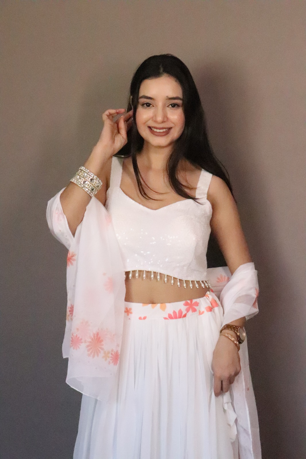 Coral Bloom White Georgette Lehenga Set