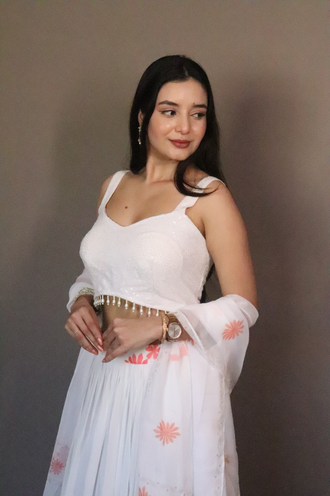 Coral Bloom White Georgette Lehenga Set