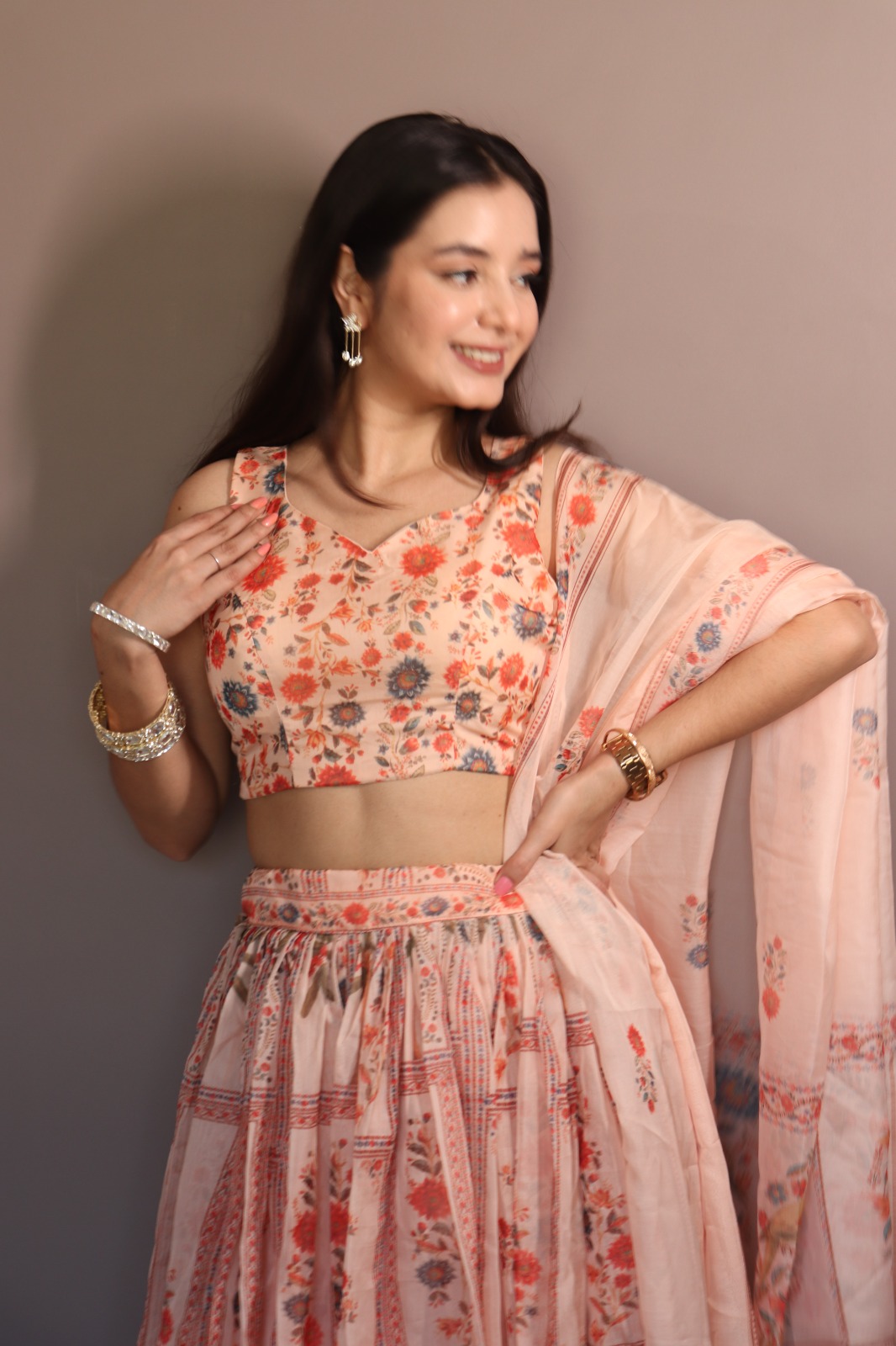 Peach Floral Organza Lehenga Set with Printed Dupatta