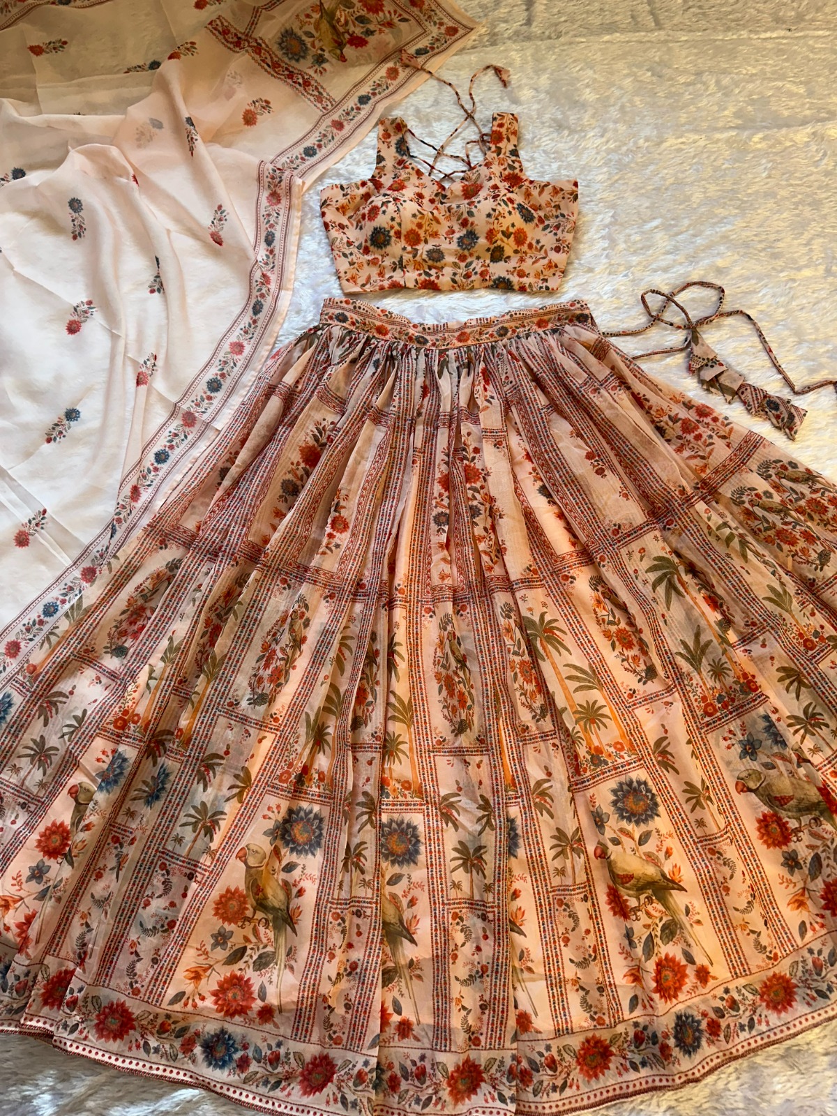 Peach Floral Organza Lehenga Set with Printed Dupatta