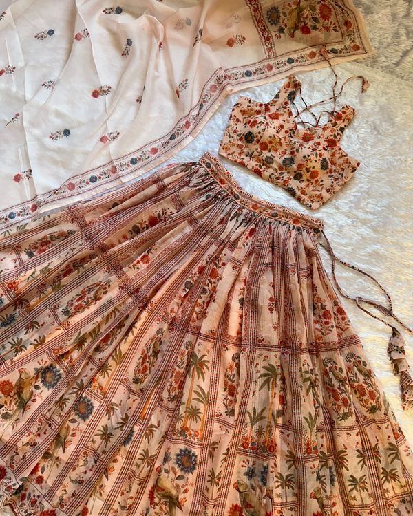 Peach Floral Organza Lehenga Set with Printed Dupatta