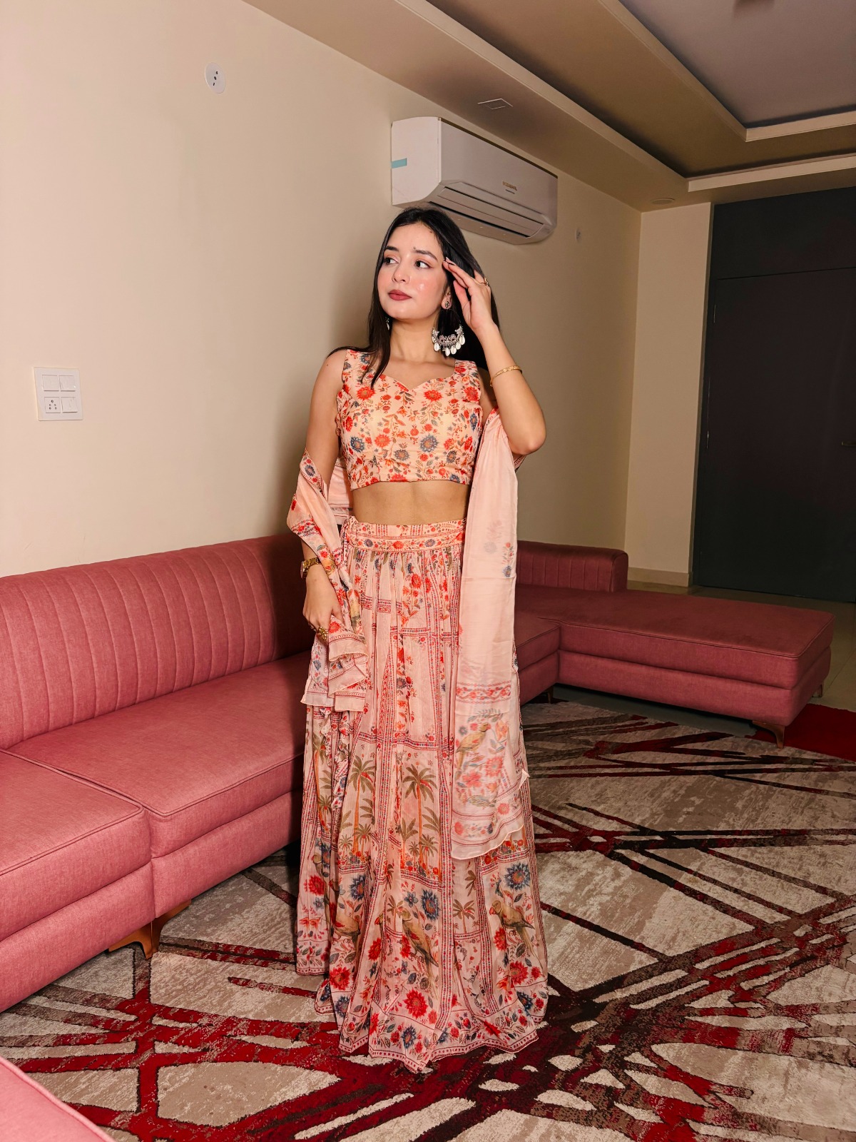 Peach Floral Organza Lehenga Set with Printed Dupatta
