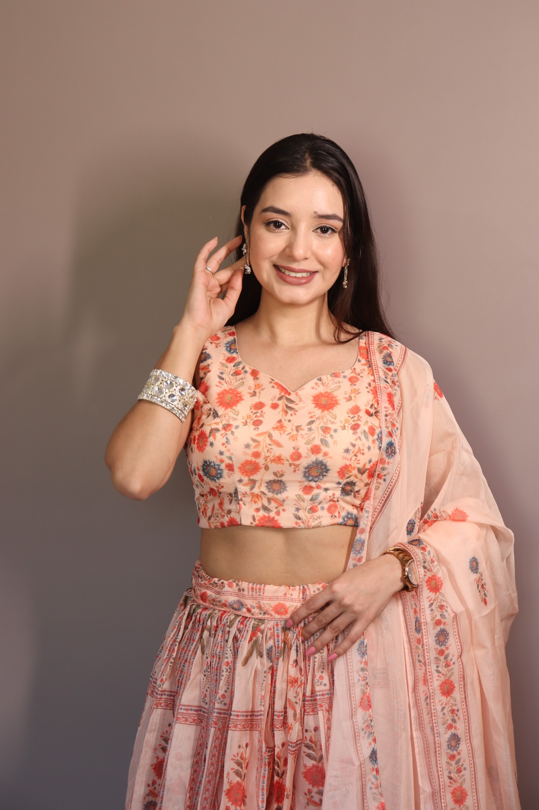 Peach Floral Organza Lehenga Set with Printed Dupatta