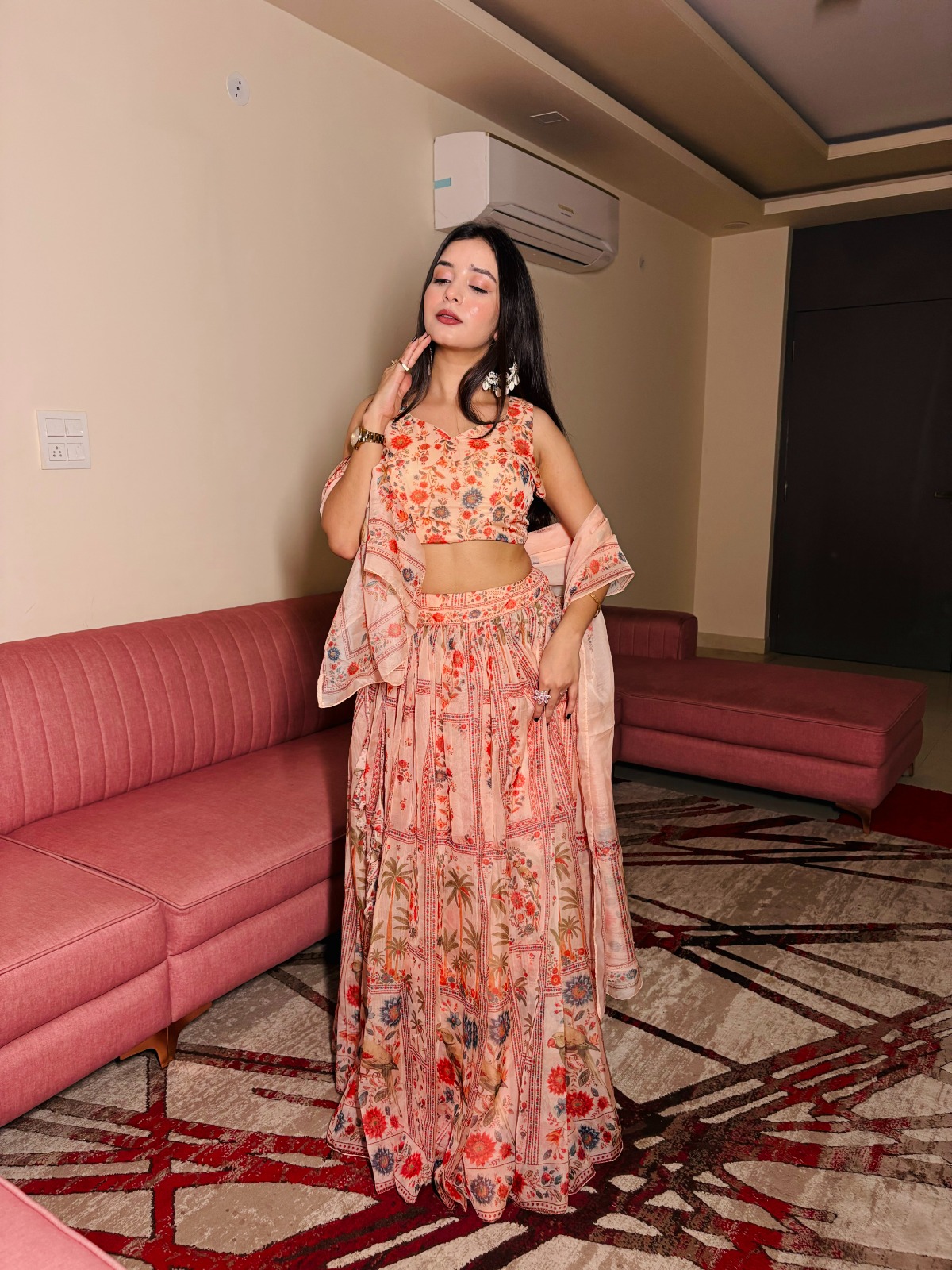 Peach Floral Organza Lehenga Set with Printed Dupatta
