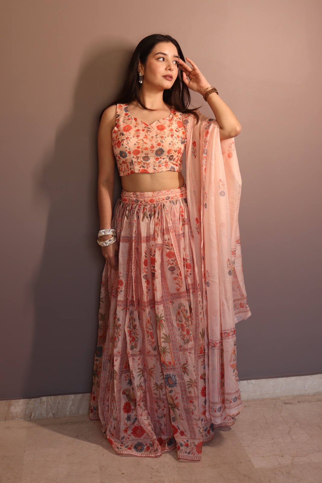 Peach Floral Organza Lehenga Set with Printed Dupatta