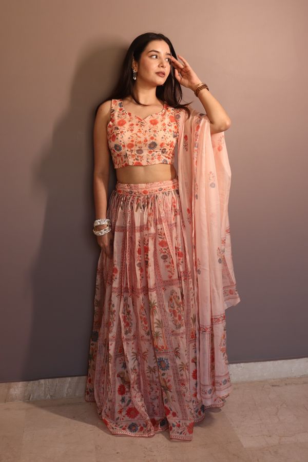 Peach Floral Organza Lehenga Set with Printed Dupatta