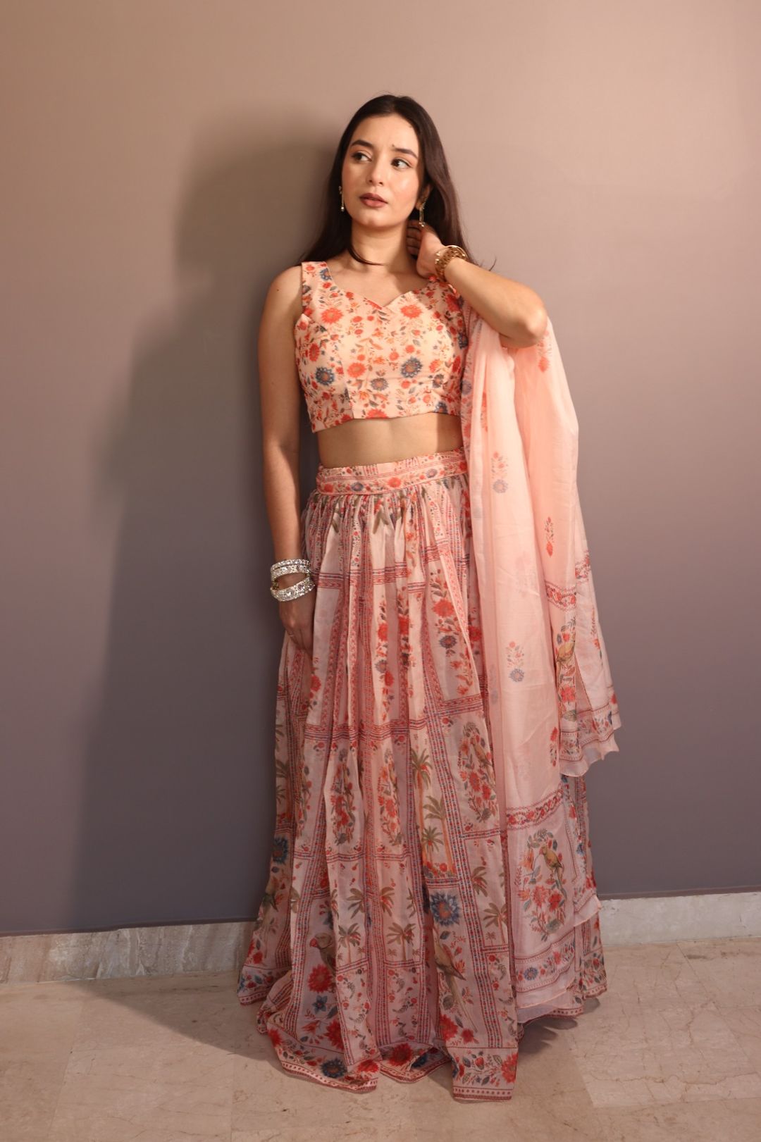 Peach Floral Organza Lehenga Set with Printed Dupatta
