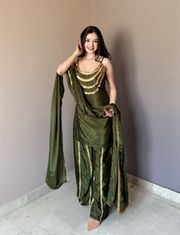 Luxury Olive Green Designer Kurta Palazzo Set with Dupatta - Olive