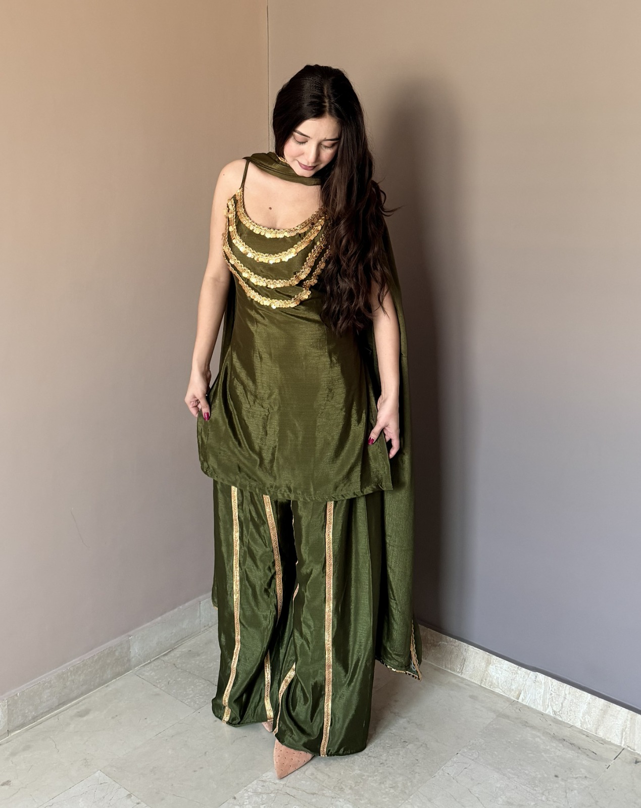 Luxury Olive Green Designer Kurta Palazzo Set with Dupatta