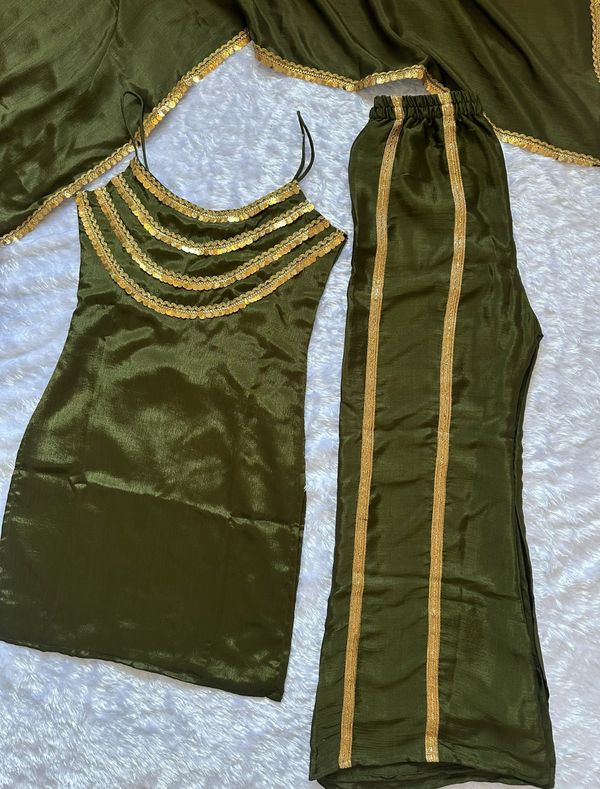 Luxury Olive Green Designer Kurta Palazzo Set with Dupatta