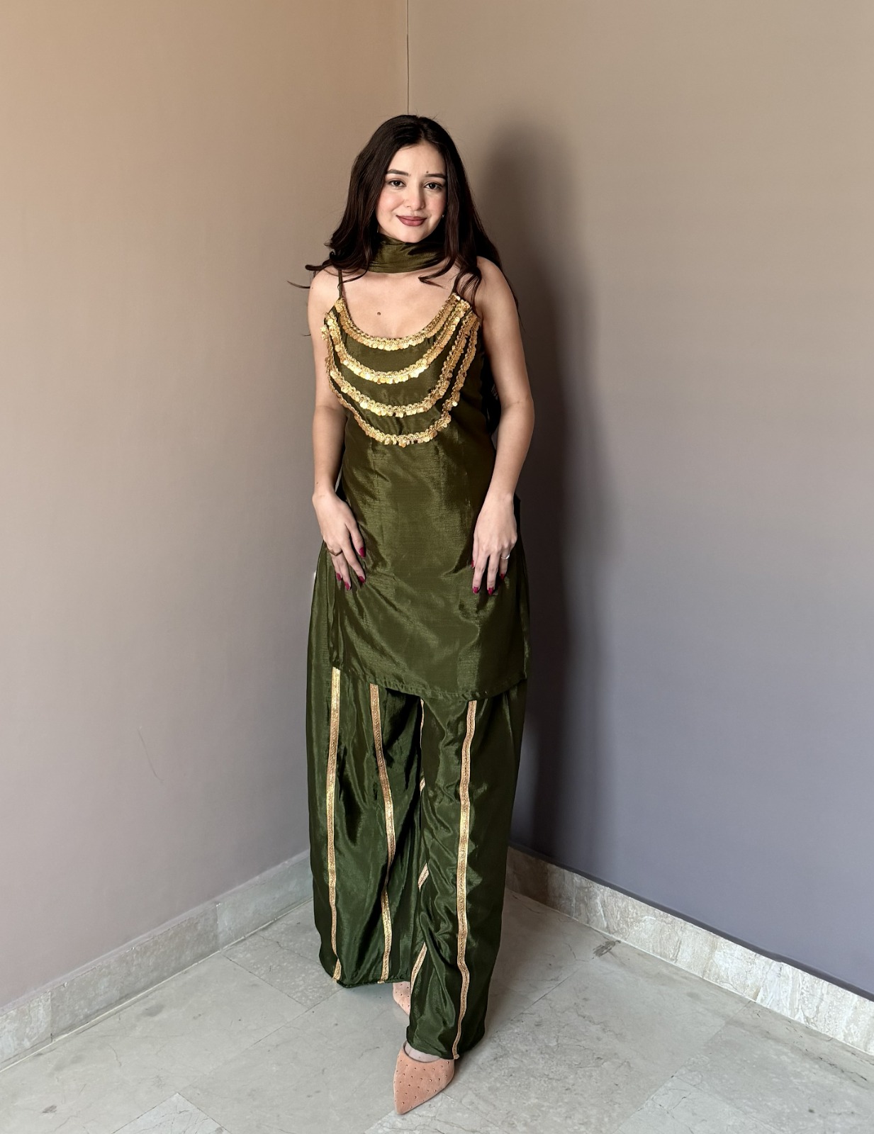 Luxury Olive Green Designer Kurta Palazzo Set with Dupatta