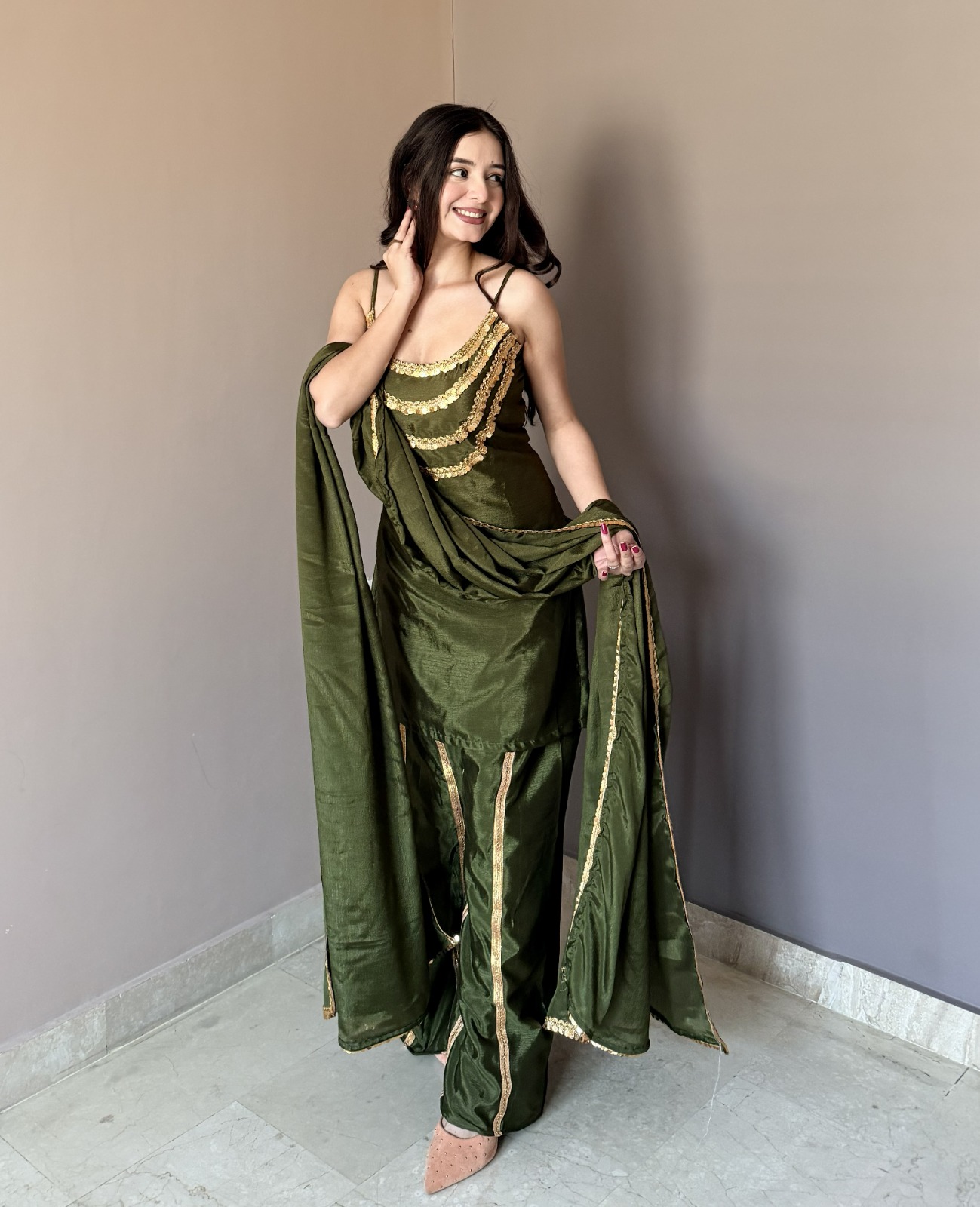 Luxury Olive Green Designer Kurta Palazzo Set with Dupatta