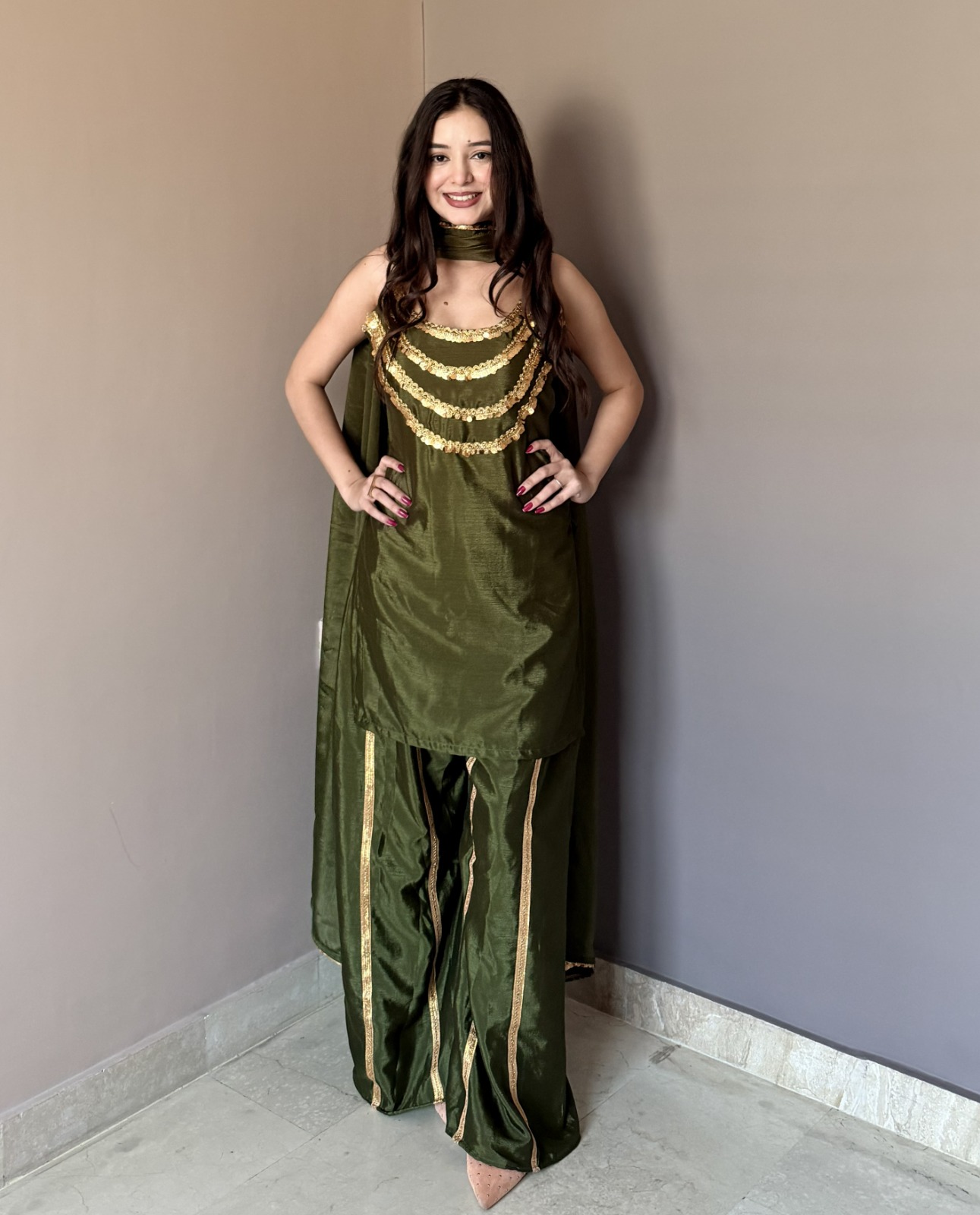 Luxury Olive Green Designer Kurta Palazzo Set with Dupatta