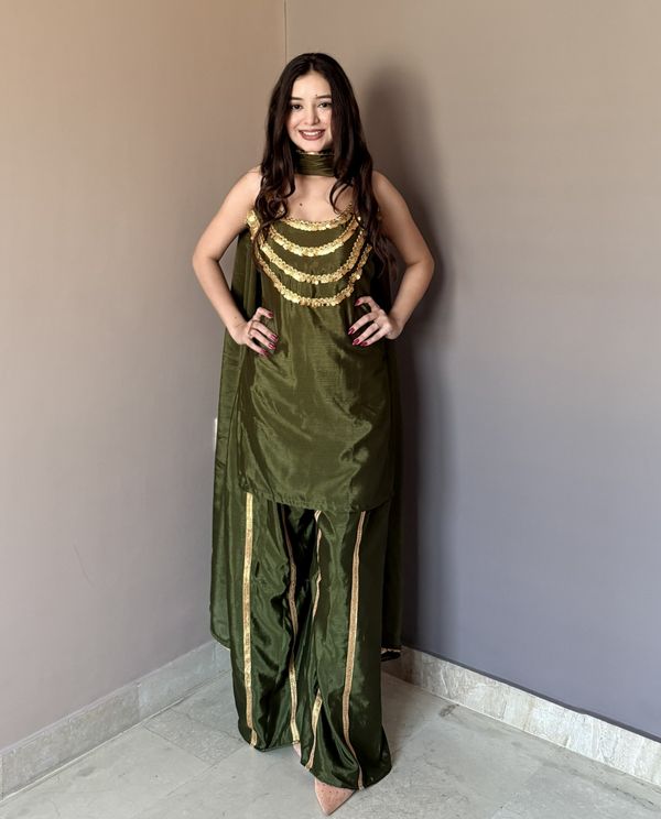 Luxury Olive Green Designer Kurta Palazzo Set with Dupatta