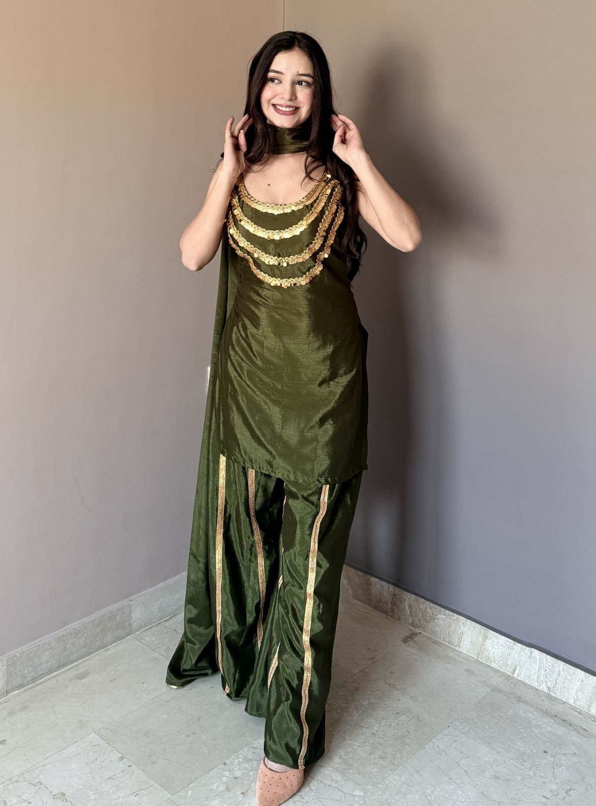 Luxury Olive Green Designer Kurta Palazzo Set with Dupatta