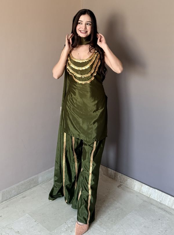 Luxury Olive Green Designer Kurta Palazzo Set with Dupatta