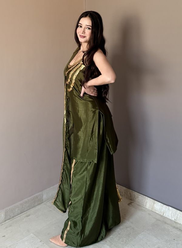 Luxury Olive Green Designer Kurta Palazzo Set with Dupatta
